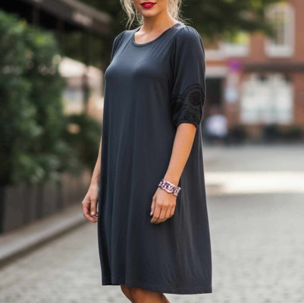 LOFT Slate Blue Stretch T-Shirt Dress with Puff Lace Eyelet Sleeves Size L